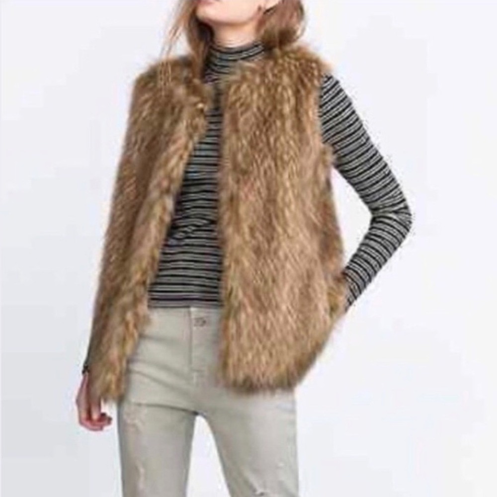 Zara Trafaluc Brown Faux Fur Shaggy Vest Small Sleeveless Outerwear Collection